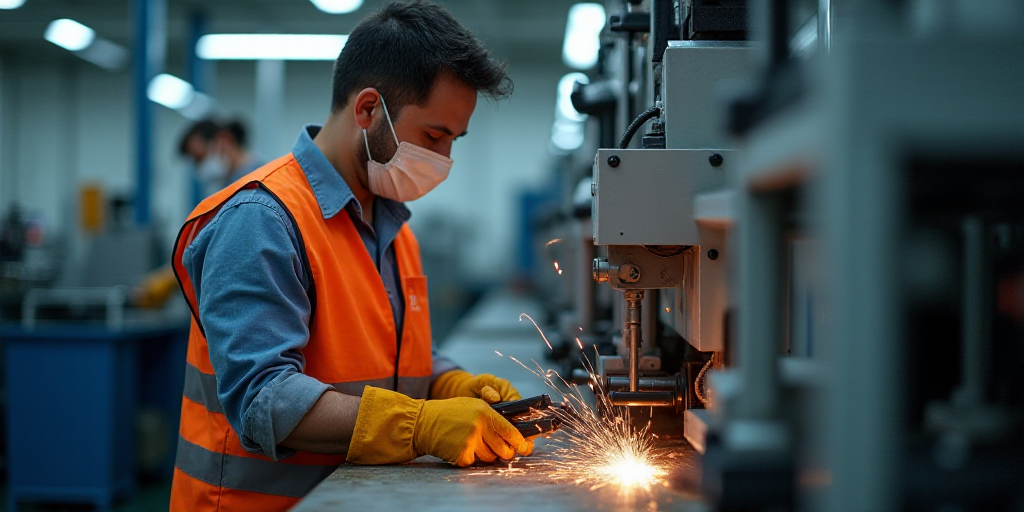 a man in a factory working on a machine with a mask on and a safety vest on and a pair of gloves on,