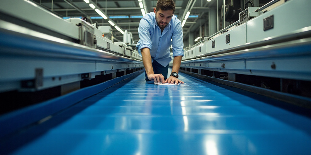 a man in a factory working on a machine with a blue floor and a blue conveyor belt behind him, Andri