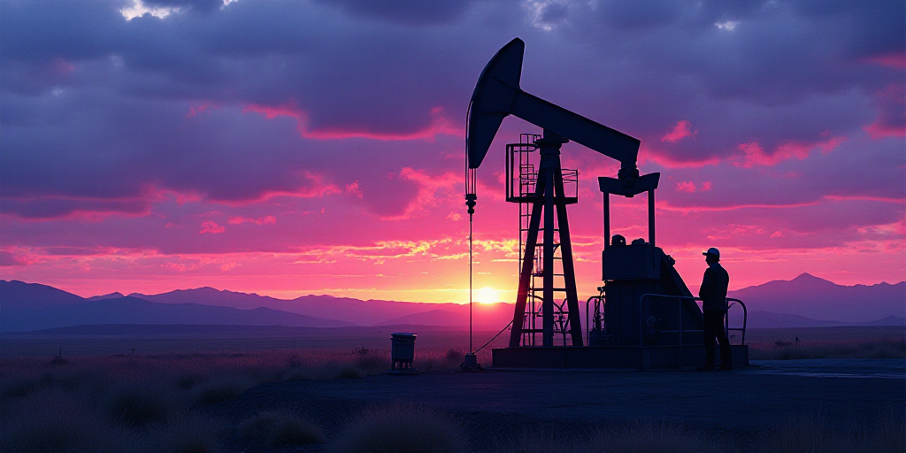 a man in a gas station working on a well at sunset or dawn with a purple and blue sky, Ancell Strona
