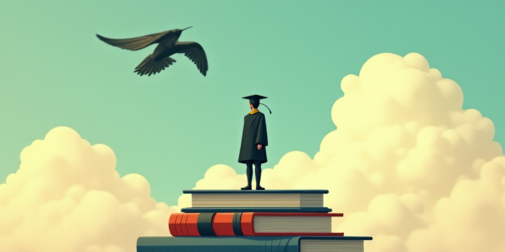 a man in a graduation cap standing on top of a book with a bird flying overhead in the sky, Atey Gha