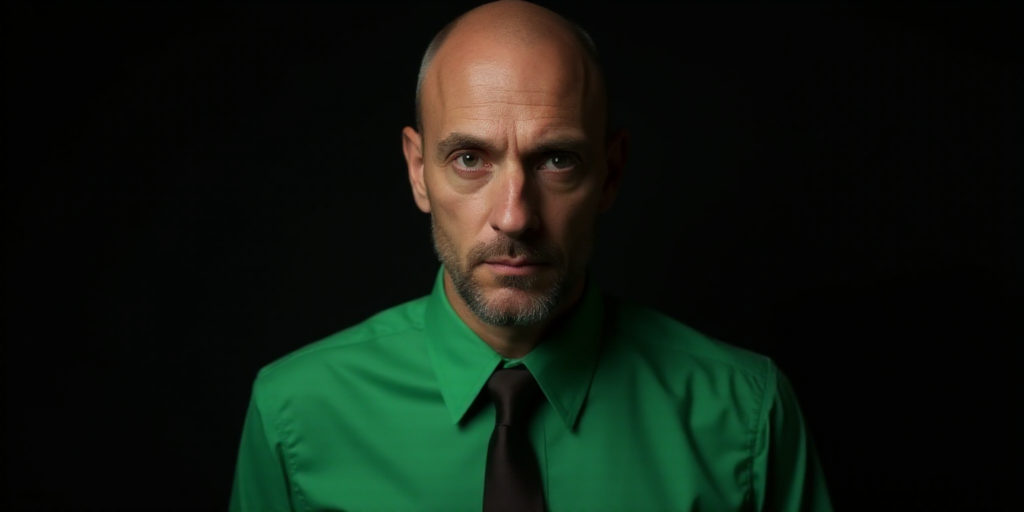 a man in a green shirt and tie looking at the camera with a dark background and a black background,