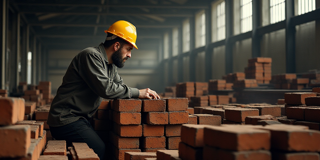 a man in a hard hat and safety gear is leaning over a pile of bricks and steels in a warehouse, Andr