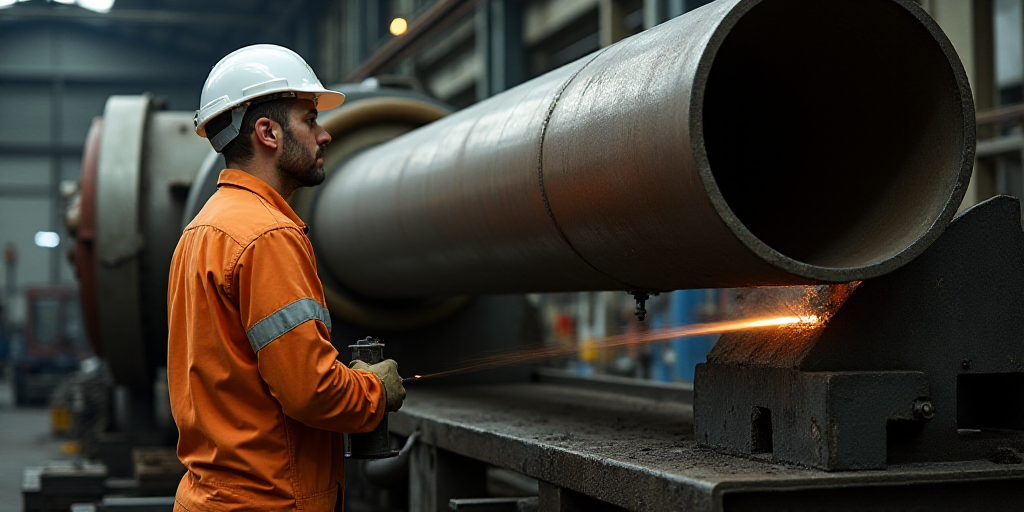 a man in a hard hat standing next to a large pipe and a hose on a machine in a factory, Ceferí Oliv