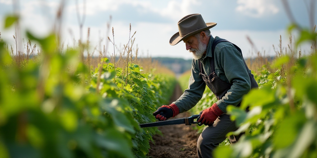 a man in a hat and gloves is picking plants in a field with a saw and a tool in his hand, Don Arday,