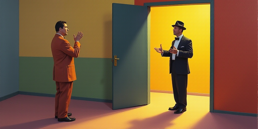 a man in a hat is standing in a doorway and gesturing to someone with his hands in the air, Fernando