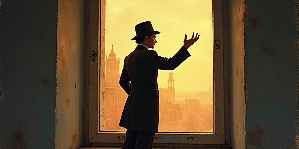 a man in a hat is standing in a window sill and gesturing at something in the air with his hands, Es
