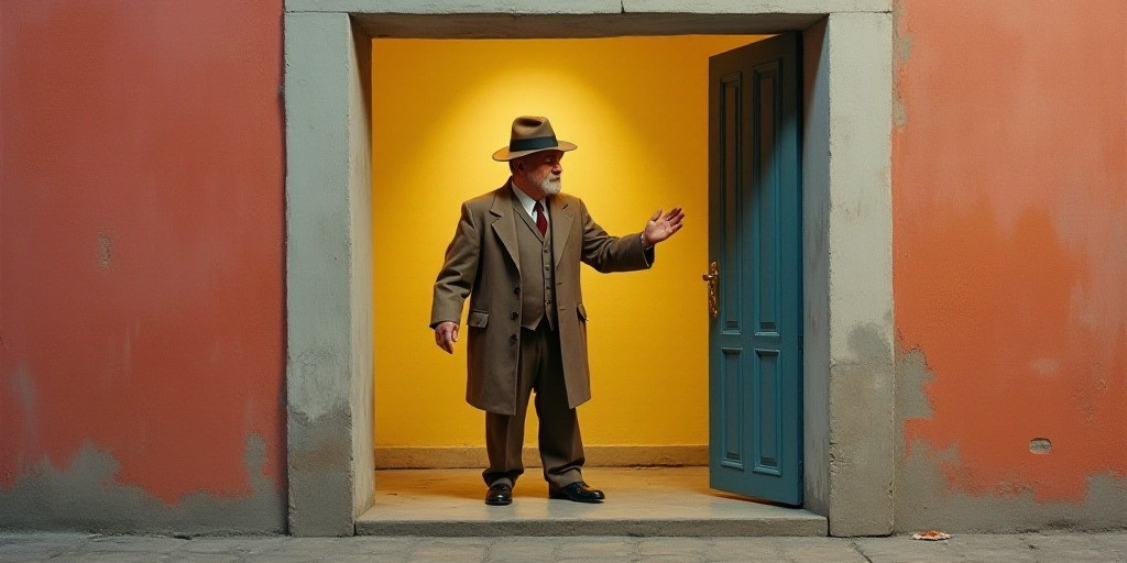 a man in a hat is standing in a doorway and gesturing to someone with his hands in the air, Fernando