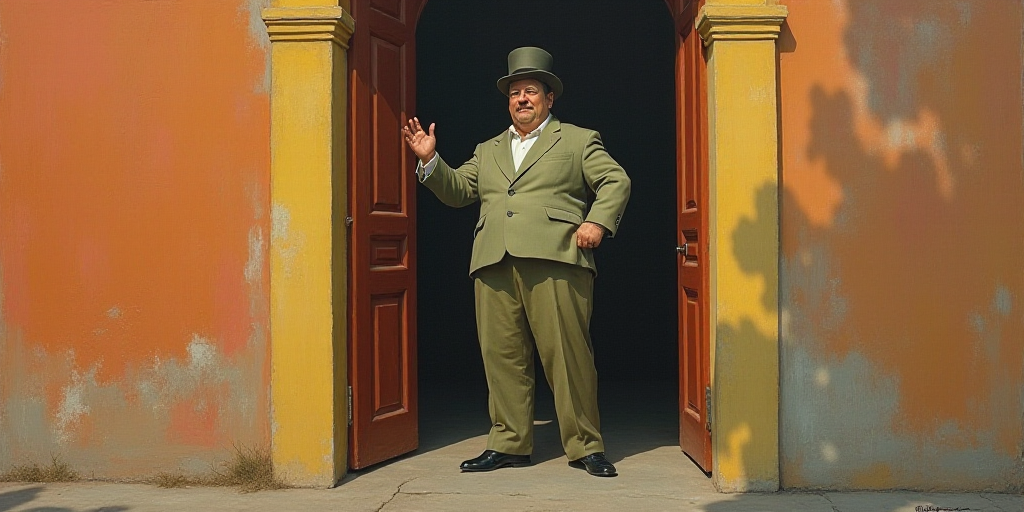 a man in a hat is standing in a doorway and gesturing to something with his hands in the air, Fernan