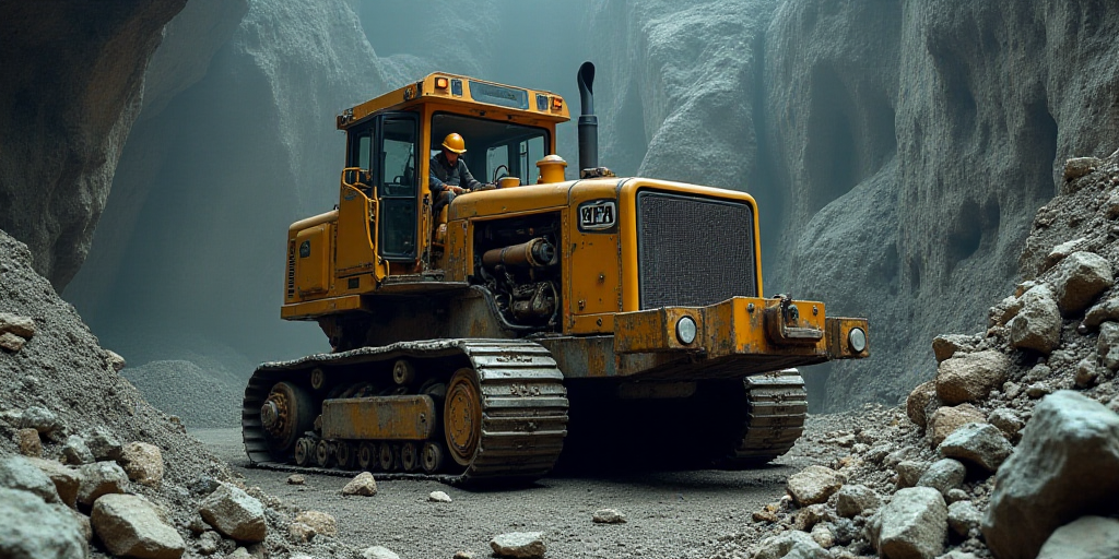 a man in a helmet and safety gear working on a machine in a mine area with a large rock wall, Cao Zh