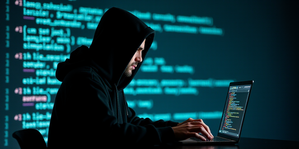 a man in a hooded sweatshirt using a laptop computer with a background of code code code code code c