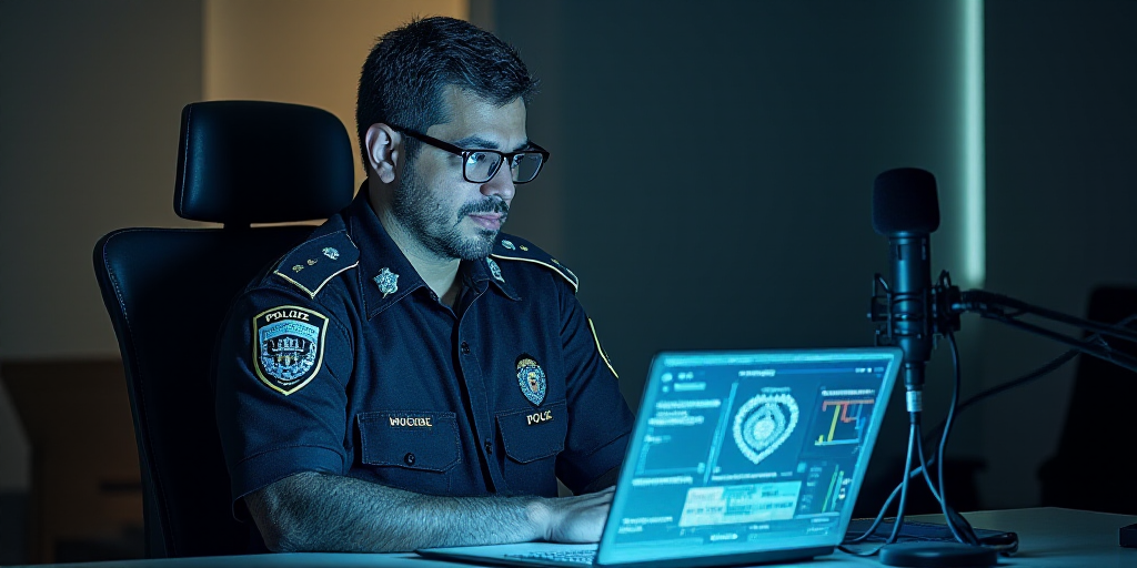 a man in a police uniform sitting in a chair with a laptop computer in front of him and a microphone