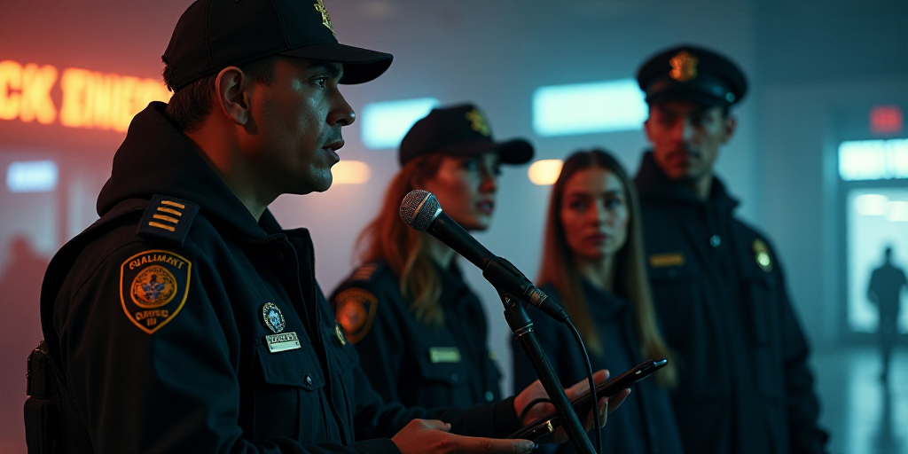 a man in a police uniform speaking into a microphone while two women watch from behind him and a man