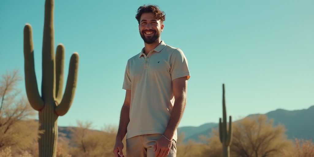 a man in a polo shirt is smiling for the camera while standing in front of a cactus tree and a blue