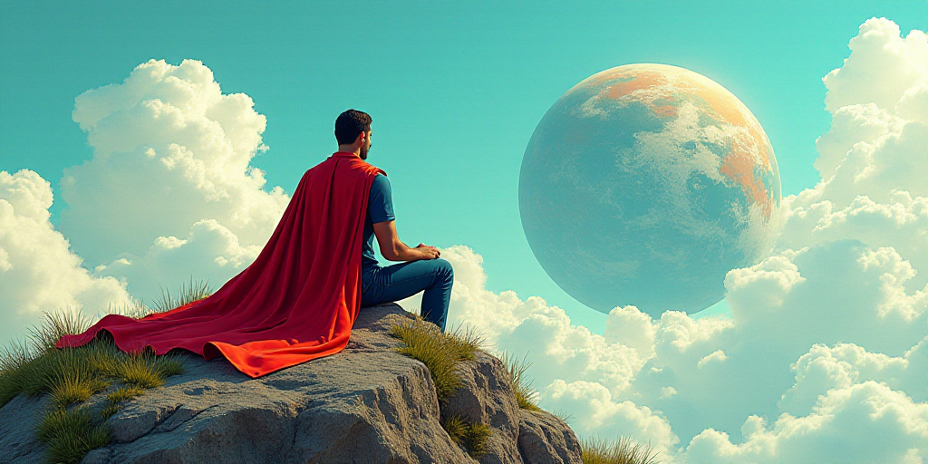 a man in a red cape sitting on a rock with a dog looking at the earth from the top of a hill, Chris