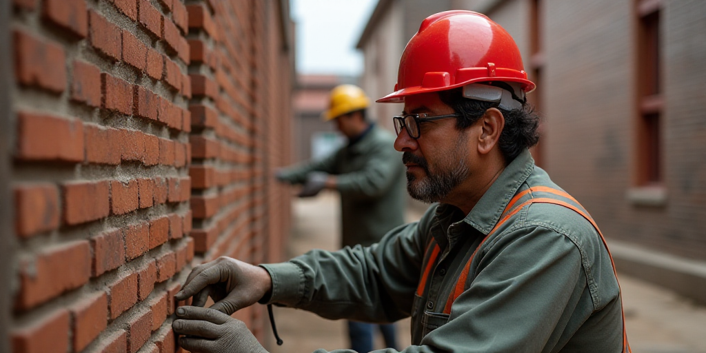 a man in a red hard hat working on a brick wall with a brick worker in the background behind him, Es
