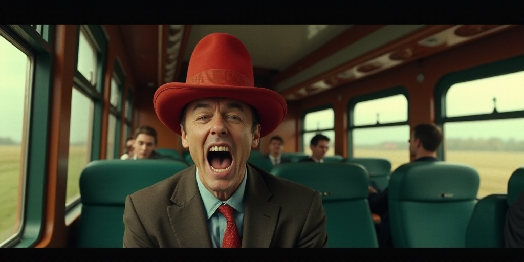a man in a red hat is on a train and is yelling at someone in the mirror behind him, Donald Roller W