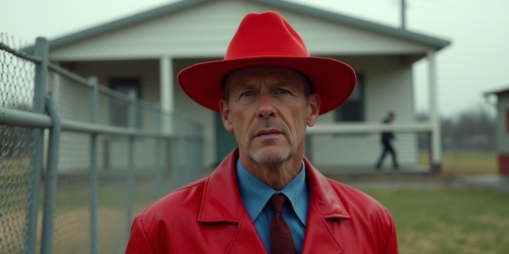 a man in a red hat is standing in front of a fence and a building with a metal fence, Donald Roller