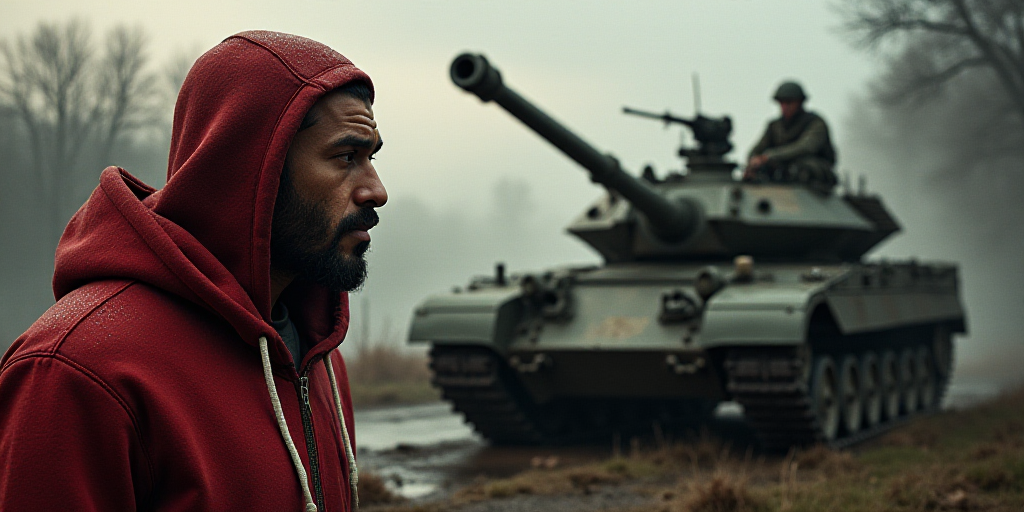 a man in a red hoodie is looking at a machine gun in a tank with a soldier in the background, Afewer
