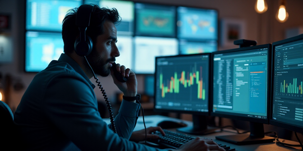 a man in a room with multiple monitors and a telephone to his ear and a microphone to his ear, Andri