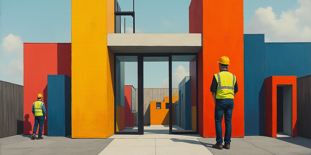 a man in a safety vest standing next to a building with a construction site in the background and a