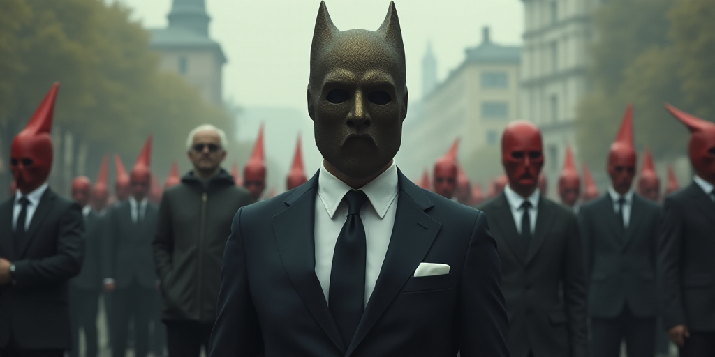 a man in a suit and a mask with a flag on it in front of a group of people, Bourgeois, dystopia, a s
