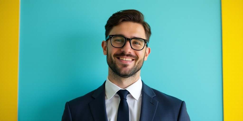 a man in a suit and glasses is smiling for the camera with a blue background and a yellow border, Ed