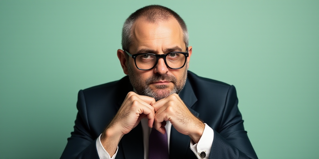 a man in a suit and glasses is posing for a picture with his hands on his chins and his chin resting