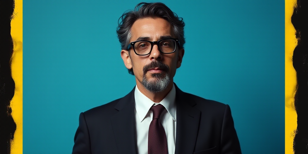 a man in a suit and glasses standing in front of a blue background with a yellow border and a black