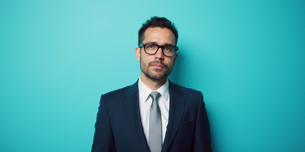 a man in a suit and glasses standing in front of a blue background with a black and white photo, Est