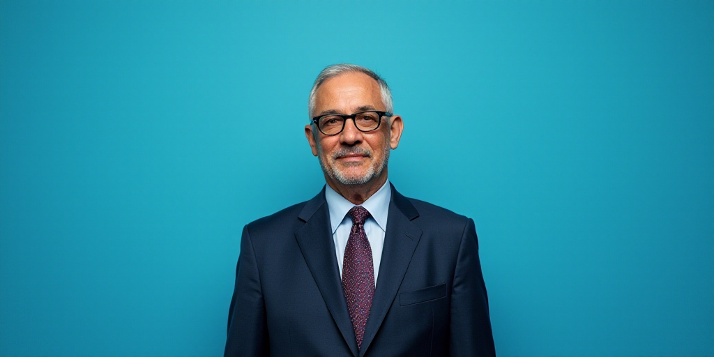 a man in a suit and glasses standing in front of a blue background with a caption that reads opinion