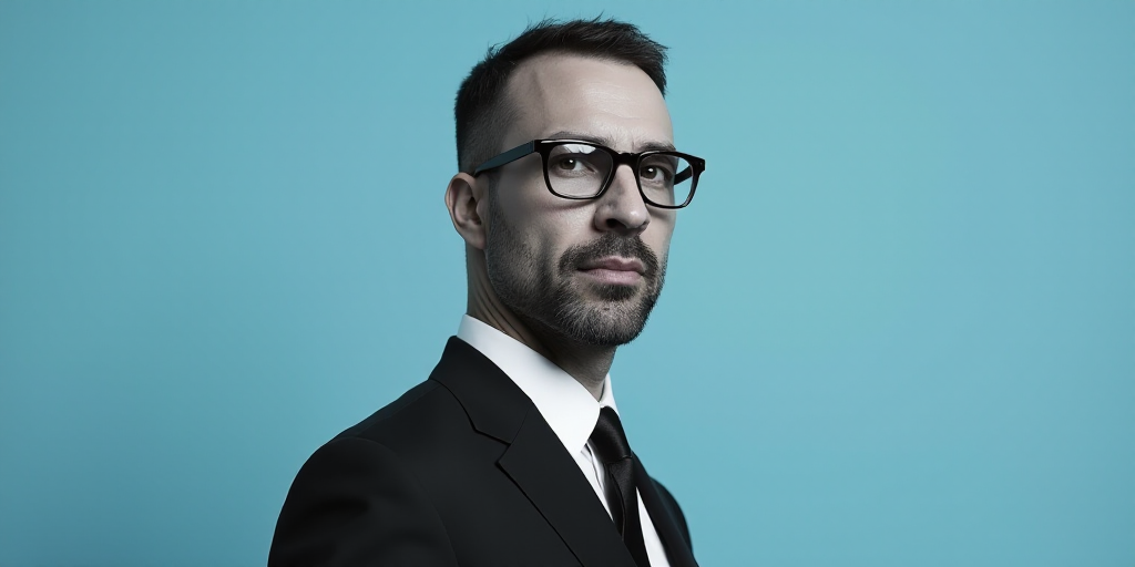 a man in a suit and glasses standing in front of a blue background with a black and white photo, Est