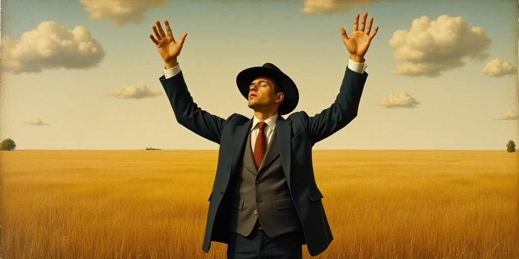 a man in a suit and hat is standing in a field with his hands up in the air and his eyes closed, Fra