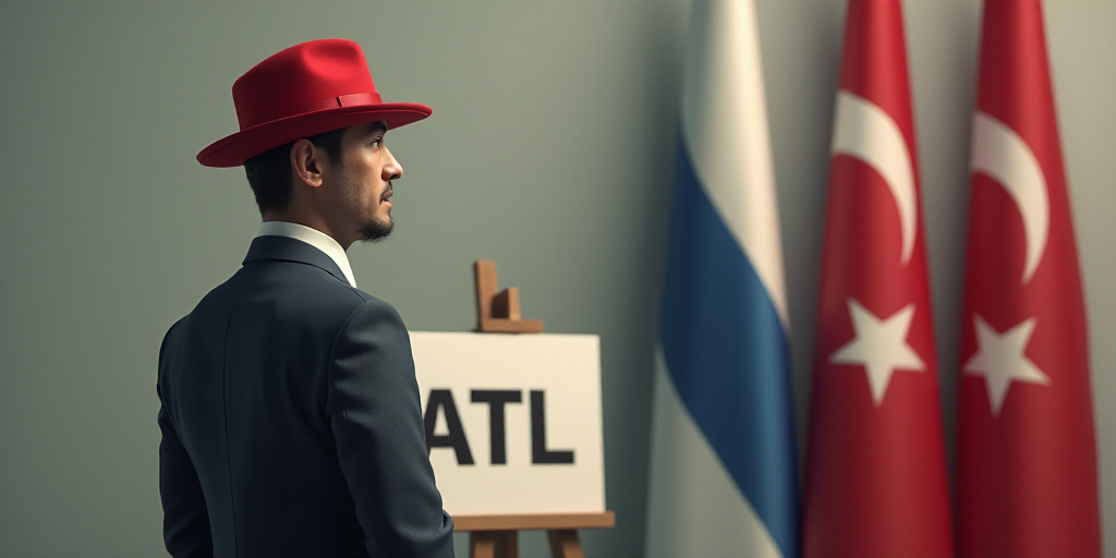 a man in a suit and red hat standing next to a sign and flags in front of a wall, Dr. Atl, cgi, a st