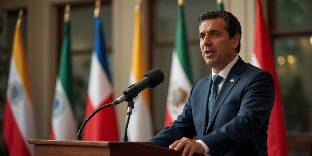 a man in a suit and tie giving a speech at a podium with flags in the background and a microphone in