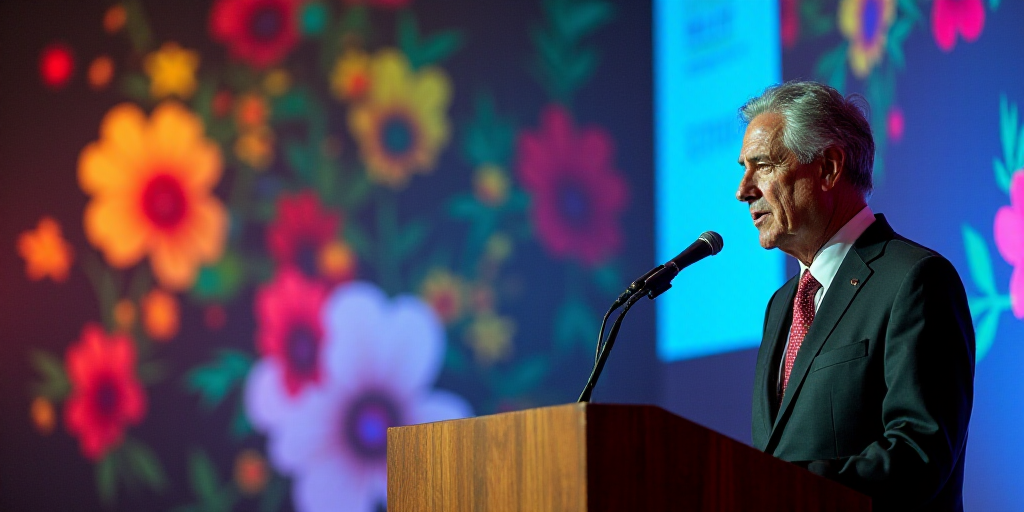 a man in a suit and tie giving a speech at a podium with a colorful background and a colorful flower