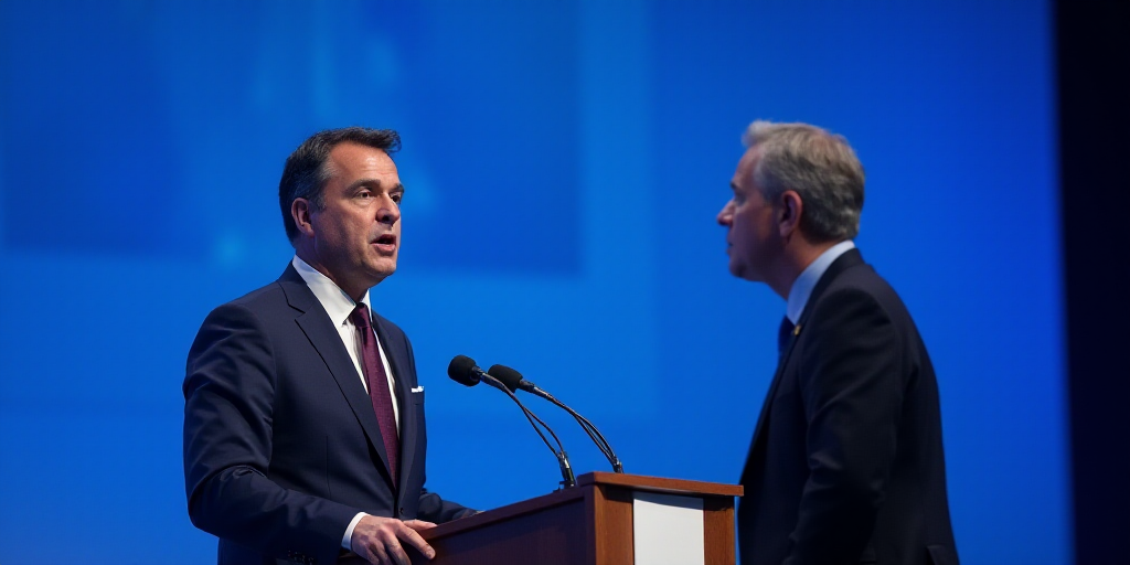 a man in a suit and tie giving a speech at a podium with a blue screen behind him and a blue backgro
