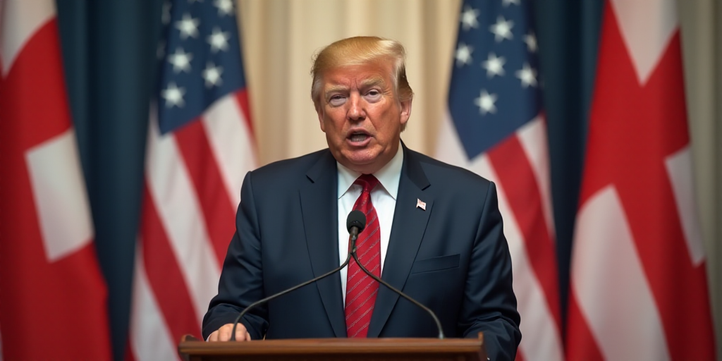 a man in a suit and tie giving a speech at a podium with flags behind him and a microphone in front
