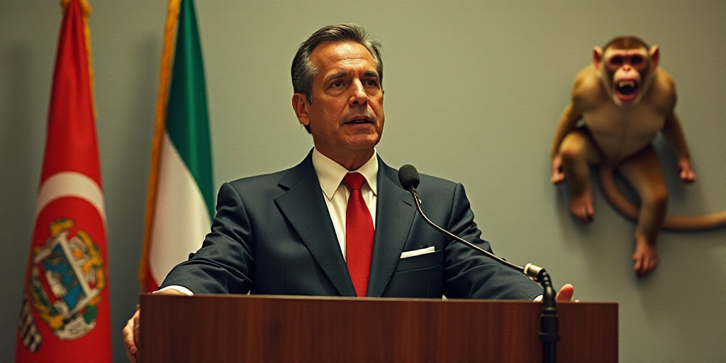 a man in a suit and tie giving a speech at a podium with flags behind him and a monkey on the wall,