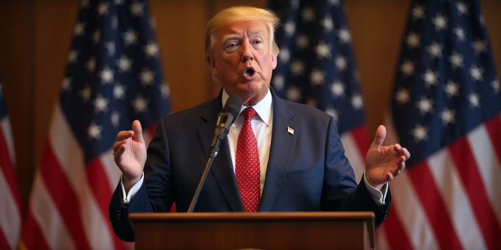 a man in a suit and tie giving a speech at a podium with flags behind him and a microphone in front