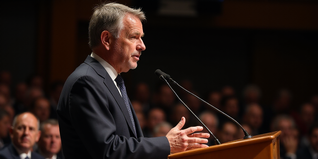 a man in a suit and tie giving a speech at a conference hall with a microphone in front of him, Clov
