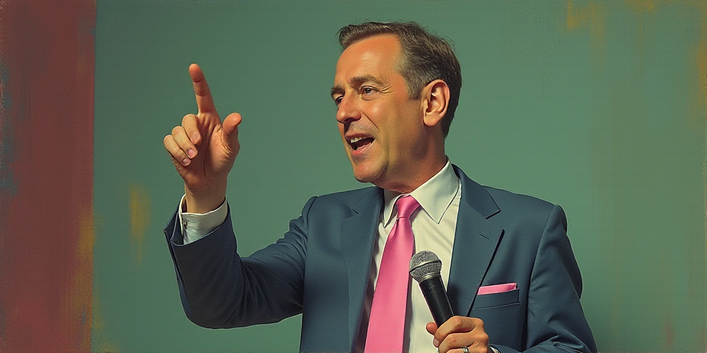 a man in a suit and tie holding a microphone and pointing at something with his finger and a pink ti