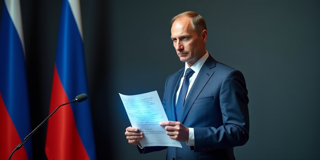 a man in a suit and tie holding a piece of paper in front of a flag and a microphone, Andrei Ryabush