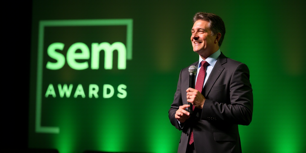a man in a suit and tie holding a microphone in front of a green wall with a sign that says sem awar