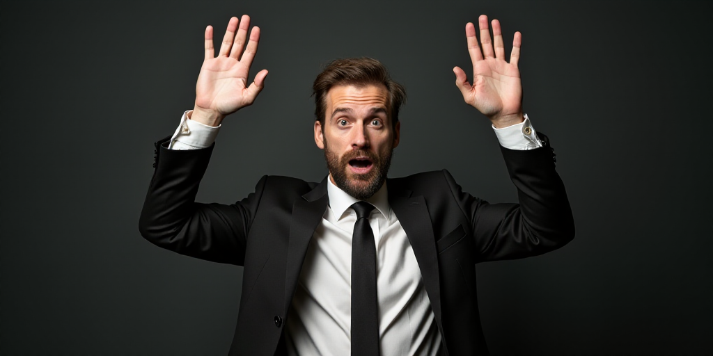 a man in a suit and tie holding his hands up in the air with his hands up in the air, Allaert van Ev