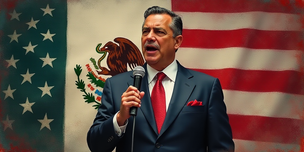 a man in a suit and tie holding a microphone in front of a flag of mexico and a flag of the united s