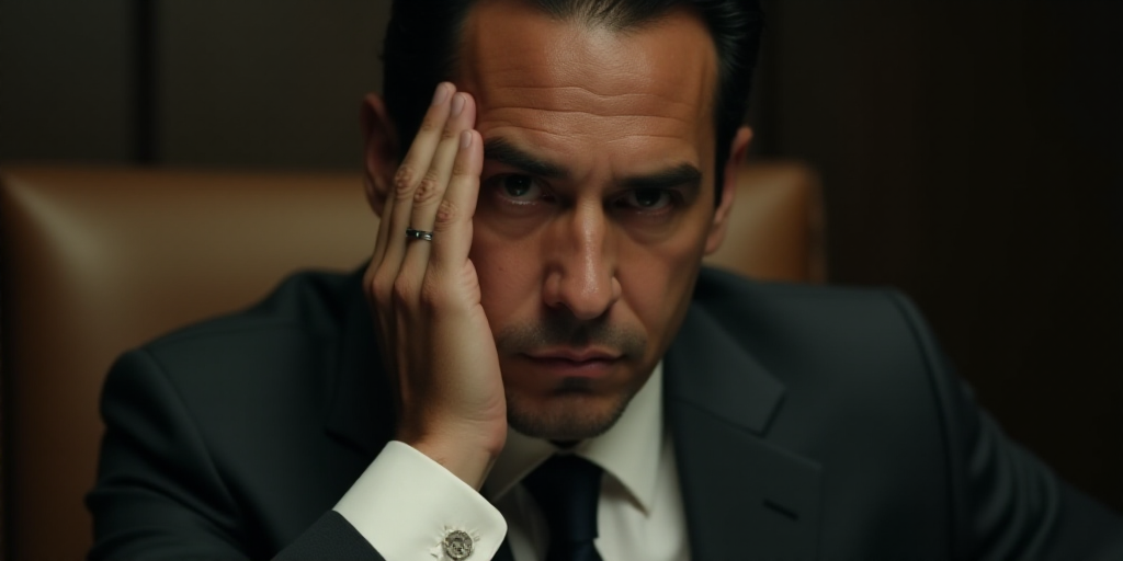 a man in a suit and tie is holding his hand to his face and looking at the camera with a serious loo