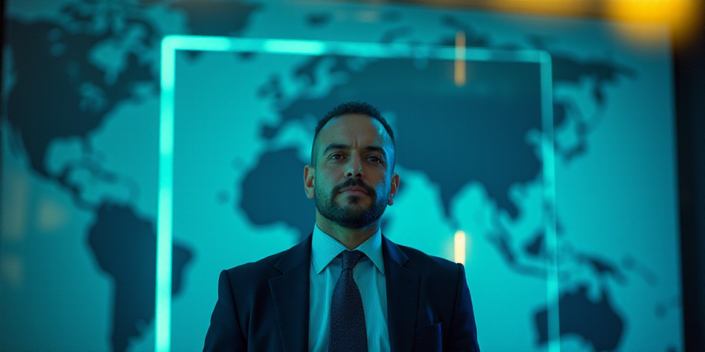 a man in a suit and tie is looking at the camera with a blue background and a yellow border, Bracha