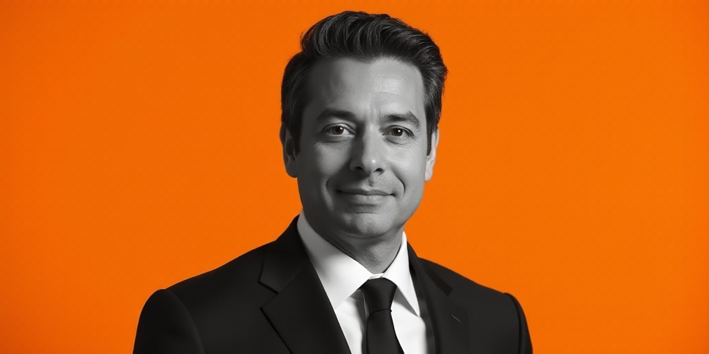 a man in a suit and tie is looking at the camera with an orange background and a black and white pho