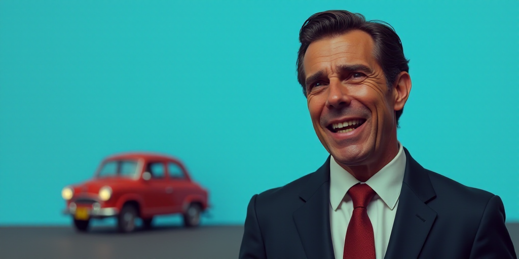 a man in a suit and tie is making a face with a car in the background and a blue background, Donald