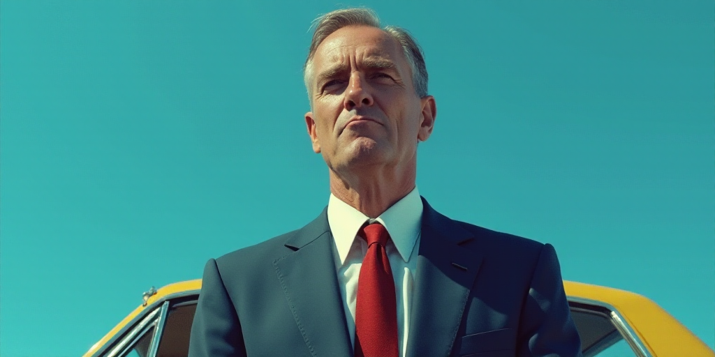 a man in a suit and tie is making a face with a car in the background and a blue background, Donald